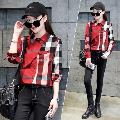 China 2022 new Anti-wrinkle women's shirt chiffon long sleeve top fashion printed women's plaid shirt for sale