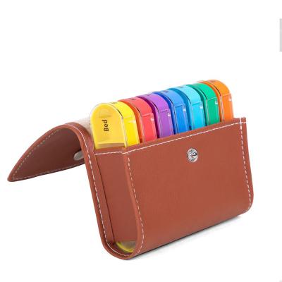 China 2022 Brown Leather Pill Box PP Amazon Pill Case Organizer Wallet Colorful Pill Box Common Plastic 28 Compartments for sale