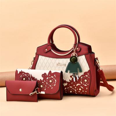 China High Quality Flower Embroidered 3 Pcs Shoulder Bag Sets Women Designer Handbag Ladies Leather Handbag for sale