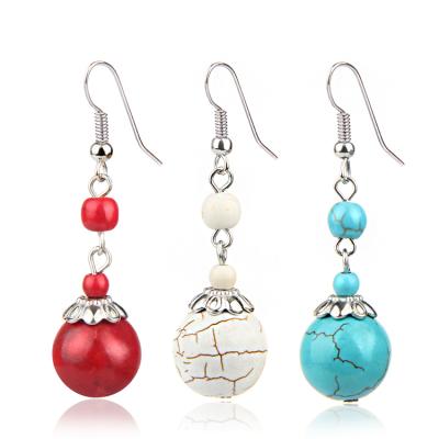 China Turquoise Vintage Dangle Earrings + Ethnic Natural Turquoise Ball Metal Texture Ladies Stone Earrings for sale