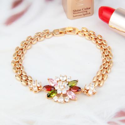 China Innovative Design Ladies Party Accessories FASHIONABLE Social Luxury Jewelry Gold Plated Inlaid Color Diamond Flower Gold Bracelet Woman for sale