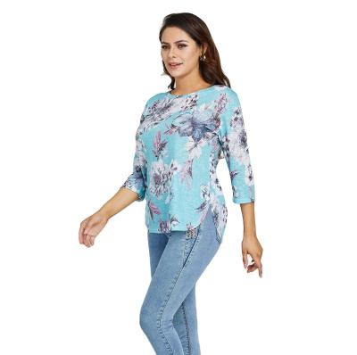 China Breathable Curved Casual Roll Tab Sleeve Top Autumn Soft Edge T-shirt Women Ladies Floral Shirt for sale