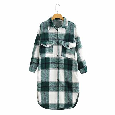 China Durable Casual Style Plaid Flap Pocket Drop Shoulder Split Curved Long Edge Shirt Jacket Coat for sale