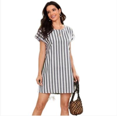 China PRC factory supplier breathable women loose neck batwing wing sleeve round striped short dress for sale