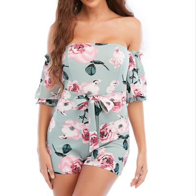 China QUICK DRY Sexy Floral Print Lettuce Trim Off Shoulder Puff Sleeve Belted Bodycon Overalls for sale