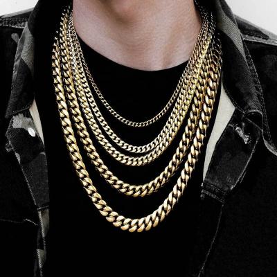 China CLASSIC hip hop handpolished gold cuban steel round plating 18K titanium stainless steel chain encryption grinding gold necklace for sale