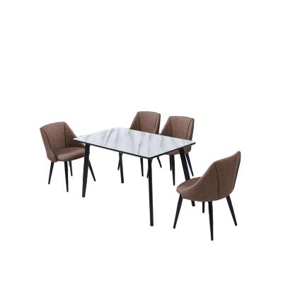 China Color Optional China Factory Custom Wholesale Glass Table Set Luxury Marble Dining Table Sets With 6 Leather Dining Chairs Sets For Dining Room for sale