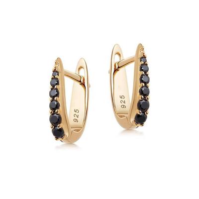 China 925 sterling silver TRENDY gold vermeil fine black savory earrings pave to claw huggies earrings for sale