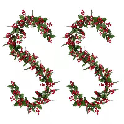 China New Party Christmas Artificial Berry Flower Garland Rattan Decorations With Leaves For Home Indoor Wall Christmas Decor Red 1.7m for sale