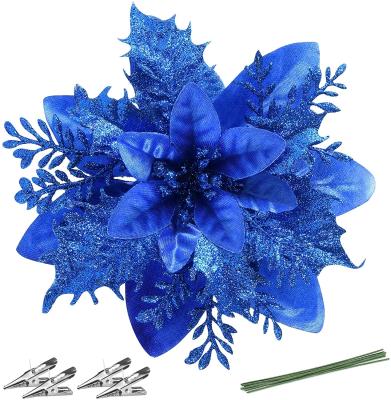 China Party Artificial Glitter Silk Poinsettia Christmas Flower Decor Christmas Tree Braids New Year Wedding Party Ornaments Royal Blue for sale