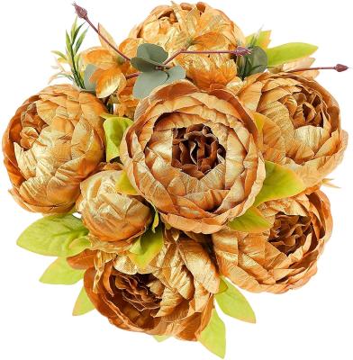 China Wholesale Cheap Gold Artificial Fake Flower Heads Party Peony Silk Bouquet for Home Office Wedding Decoration and Christmas Gift for sale