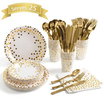 China Party Decoration Party Supplies Set Disposable Paper Tableware Serves 25 Gold Dot Paper Plates Napkins Cups for sale