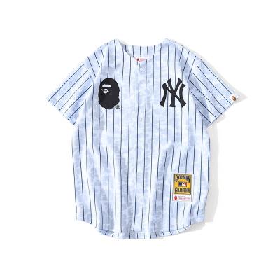 China 2021ins trend viable youth BAPE casual T-shirt striped cardigan baseball men's T-shirt breathable cardigan T-shirt for sale