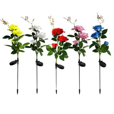 China Decorative Garden 3 Heads Rose Flower Multiple Color Artificial LED Solar Floral Plastic Stake Lights Garden Outdoor Lawn Park Lights for sale