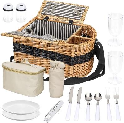 China Sustainable Willow Hand Woven Storage Basket Wicker Picnic Basket Set For 2 Person Storage Basket With Lid For Camping Valentine's Outing for sale