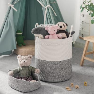 China Large Viable Handmade Foldable Kids Toy Gift Laundry Basket Baby Woven Storage Baskets Cotton Rope Basket With Handles for sale