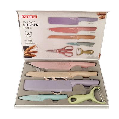 China Viable Colored Kitchen Knives Set Of 6 Pieces, Non-Stick Blades With High Carbon Stainless Steel And Wheat Straw Handle for sale