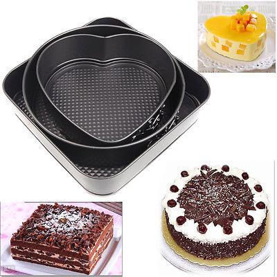 China Sustainable 3 Piece Cake Molds Heart Round Non-Stick Round Leakproof Cake Pan Set Square Springform Pan With Removable Bottom Set for sale