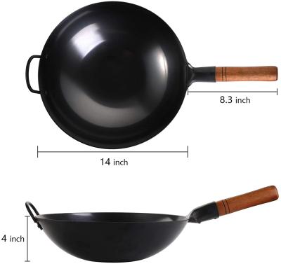 China 14 Inch Carbon Steel Wok Viable Pan With Double Handles, Hammered Stir Fry Pan Asian Wok for sale