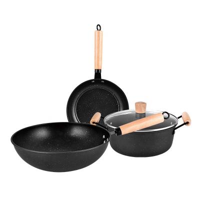 China Sustainable Non-Stick Cookware 3 Set Set, Maifan Natural Stone Coating Kitchenware Set With Tempered Glass Lid And Wooden Handle for sale