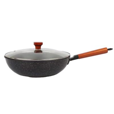 China Viable Pan With Lid Non-Stick Wok, Granite Stone Coating, Cookware 12.6 Inch Stir-Fry Pot With Detachable Wooden Handle for sale