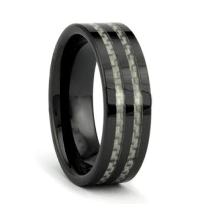 China Fashionable Black 8mm Ceramic Ring With Stunning New Carbon Fiber Inlay Wedding Men Ring for sale