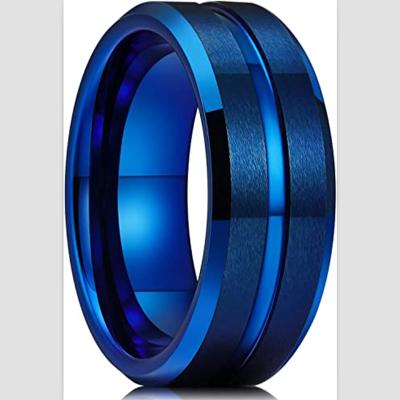 China CLASSIC 8MM Blue Plated Tungsten Ring With 2 Brushed Bands And Beveled Edges Ring Women Wedding Band Ring for sale