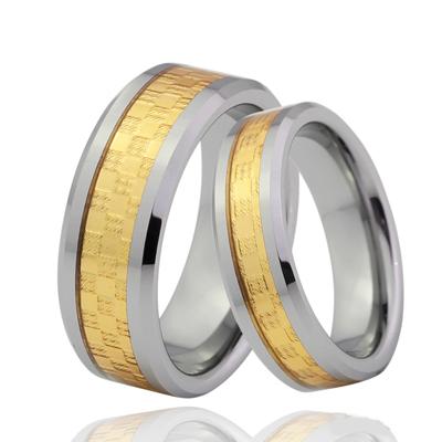 China Beautiful Fashionable Yellow Gold Carbon Fiber Inlay Tungsten Carbide Couple Wedding Pair Rings for sale