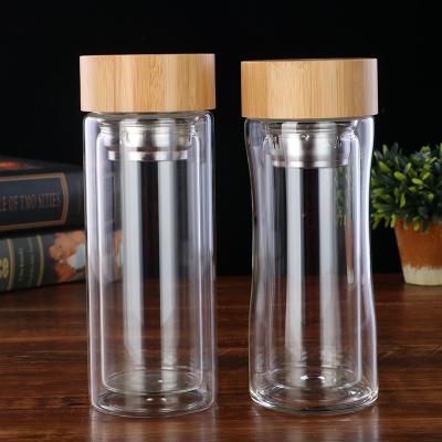 China New Viable Natural Bamboo Lid Slim Wall Tea Glass Bottle Double With Leakproof Tea Infuser for sale