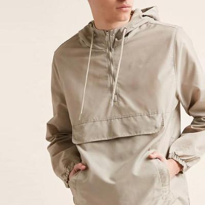 China Custom Made Breathable Mens Nylon Zipper Pullover Anorak Half Anorak Jacket With Fin Pocket Drawstring Front Hood With Mesh Lining for sale