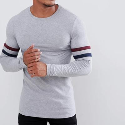 China New Factory QIAN HUI RTS Anti-wrinkle aplet design unisex man long sleeve slim fit t-shirt with contrast sleeve stripe T-shirt men for sale