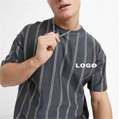 China Men's High Quality T-shirt Anti-wrinkle Cotton Loose Abandoned Shoulder Shorts Sheath Vertical Striped for sale