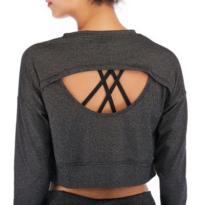 China Comfort Breathable T-shirt Fitness Ribbed Crop Tops Seamless Yoga Women Sports Long Sleeve Plain Backless Sweatshirt Wholesale for sale