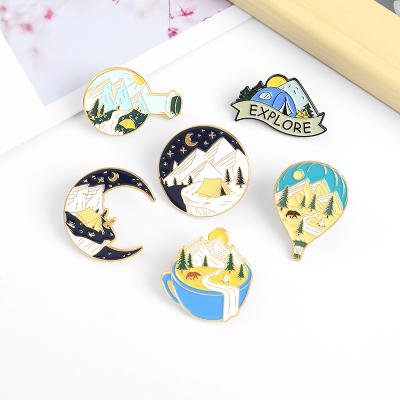 China Europe Newcomer Camping Adventure Lapel Pins Custom Explore Natural Landscape Pin Lapel Badge Bag Pin for sale