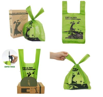 China Sustainable Dog Poop Bags T-Shirt Bags Unscented Tie Handle Dog Waste Poo Bags Biodegradable For Pet Care Products for sale