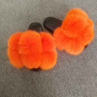 China 2021 Fashion Trend Women's Fox Fur Ball Slippers Ladies Plush Fox Fur Summer Fur Slides Sandals for sale