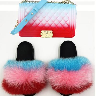 China Fashion Trend Rainbow Hairy Women Real Fox Fur Slippers Freeze Purse Set Wholesale Fur Slides And Matching Purse for sale