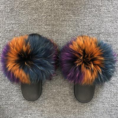 China Plush Fuzzy Fur Slides Fashion Trend Real Fur Slippers Women Raccoon Fur Slippers for sale