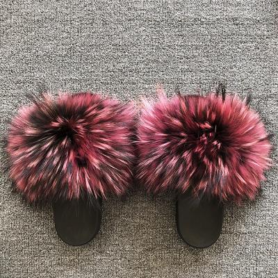 China Fashion Trend Women Real Raccoon Fur Slippers Luxury Fluffy Fur Slides Fur Slipper for sale