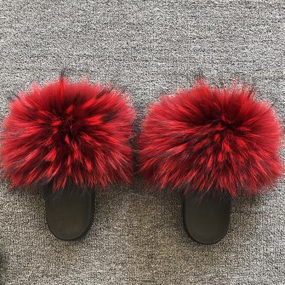 China Fashion Trend Trendy Raccoon Fur Slippers Colorful Fluffy Women's Hairy Raccoon Fur Slippers for sale