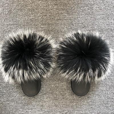 China Fashion Trend Women's Outdoor Fluffy Raccoon Slippers Real Fur Slippers Full Fur Sandal for sale