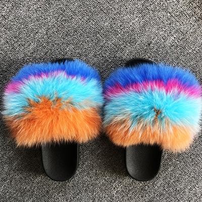 China 2021 Fashion Trend Mixed Colors Fashion Real Big Fur Slippers Women Fluffy Fox Fur Slides for sale