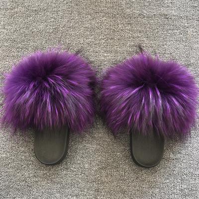 China Fashion Trend Women's Fur Slides Real Fluffy Raccoon Slippers Ease Plush Sandals Lady Shoes for sale