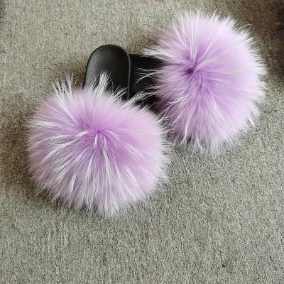 China Fashion Trend New Style Fluffy Raccoon Real Slides Women Shoes Fur Slippers for sale