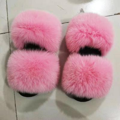 China Trend Logo Fashion Outdoor Fox Fur Custom Made Slides Sandals Fur Fluffy Slippers for sale