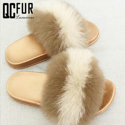 China Wholesale High Quality Fuzzy Real Fox Fur Slippers Fashion Trend Fur Slides Factory for sale