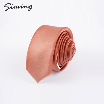 China Hot Selling School Fancy Color Custom Stain School Skinny Solid Simple Wedding Silk Tie Satin For Girls Women for sale