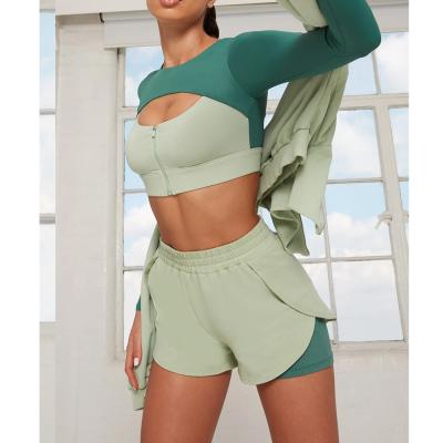 China Breathable Fashion Training Wear Set Front Zipper Top Stitching Contrast Color Women Running Sports Equipment for sale