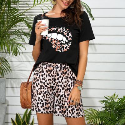 China Temperament Waterproof Ladies Summer Fashion Casual Leopard Print Short Jogging Short Sleeve Shorts Two-piece Suit for sale