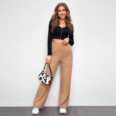 China Viable Hot Selling Khaki Wide Leg Long Pants Knitted Elastic Waist Women's Pants And Trousers for sale